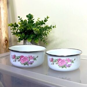 Vintage Pink Roses Enamelware‎ Stacking Bowls Set of Two